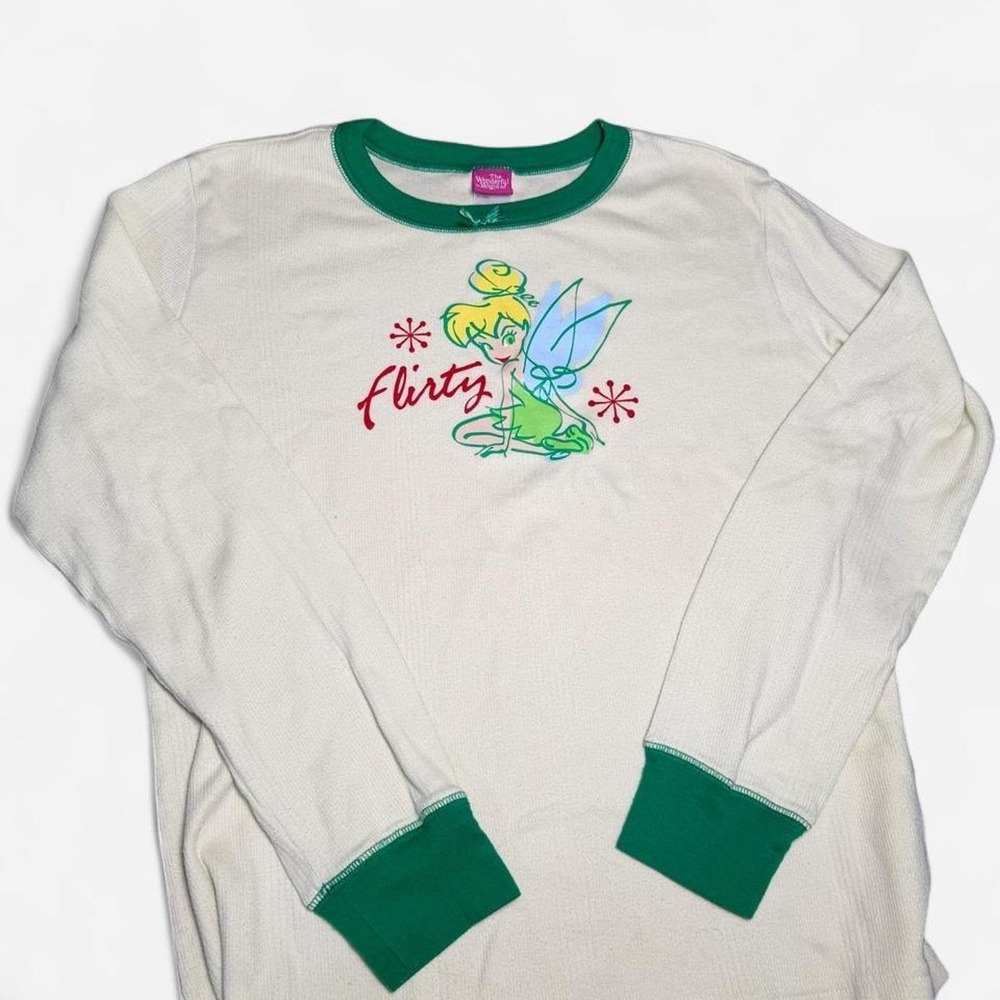 Disney Tinker Bell Thermal Top Women Size M Cream Green Flirty Graphic